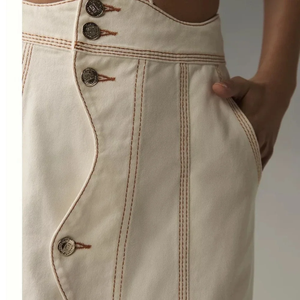 Farm Rio Denim Wave Maxi Skirt Off-White Contrast Stitch Button Front Size 24 - Picture 3 of 6